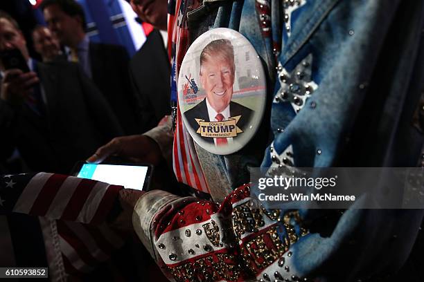 Pin of Republican presidential nominee Donald Trump on Boxing promoter Don King's jacket ahead of the Presidential Debate at Hofstra University on...