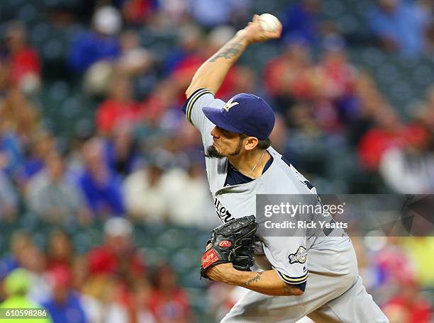 Matt Garza of the Milwaukee Brewers pitches in the first inning against the Texas Rangers at Globe Life Park in Arlington on September 26, 2016 in...