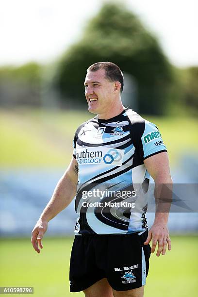 Paul Gallen of the Sharks looks on during a Cronulla Sharks NRL training session at Southern Cross Group Stadium on September 27, 2016 in Sydney,...