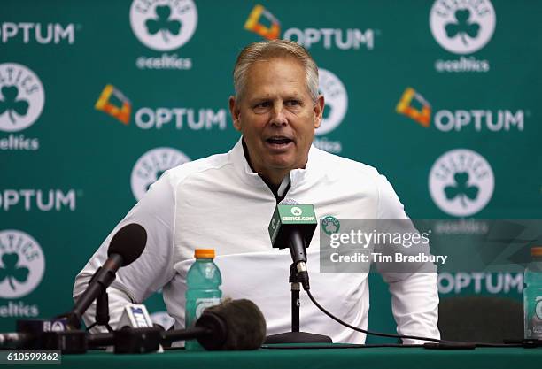 General manager Danny Ainge of the Boston Celtics speaks with the media during Boston Celtics Media Day on September 26, 2016 in Waltham,...