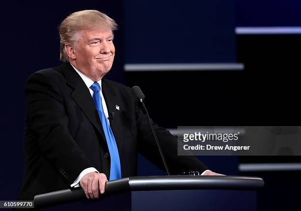 Republican presidential nominee Donald Trump looks on during the Presidential Debate at Hofstra University on September 26, 2016 in Hempstead, New...