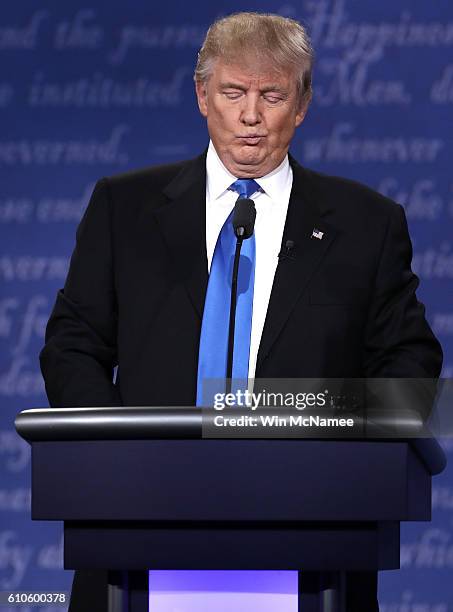 Republican presidential nominee Donald Trump looks on during the Presidential Debate at Hofstra University on September 26, 2016 in Hempstead, New...