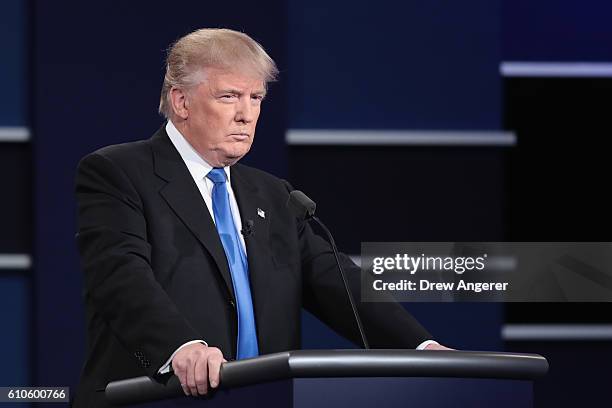 Republican presidential nominee Donald Trump looks on during the Presidential Debate at Hofstra University on September 26, 2016 in Hempstead, New...