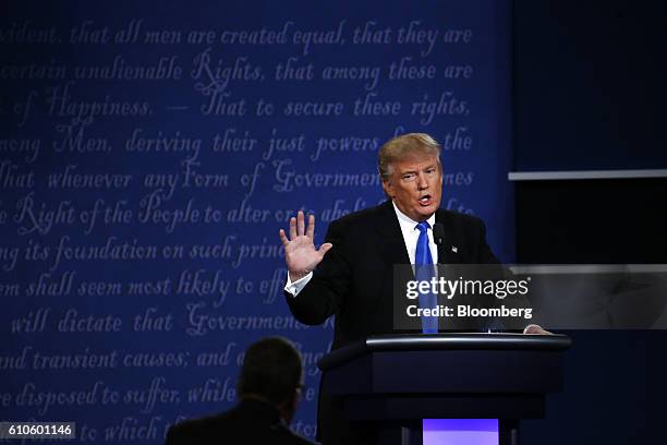 Donald Trump, 2016 Republican presidential nominee, speaks during the first U.S. Presidential debate at Hofstra University in Hempstead, New York,...