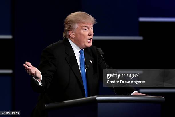 Republican presidential nominee Donald Trump speaks during the Presidential Debate at Hofstra University on September 26, 2016 in Hempstead, New...