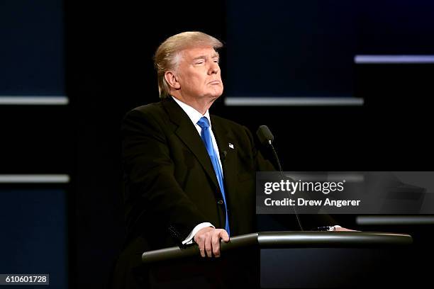 Republican presidential nominee Donald Trump looks on during the Presidential Debate at Hofstra University on September 26, 2016 in Hempstead, New...