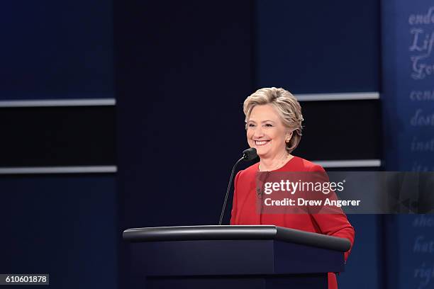 Democratic presidential nominee Hillary Clinton smiles during the Presidential Debate at Hofstra University on September 26, 2016 in Hempstead, New...