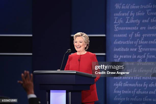 Democratic presidential nominee Hillary Clinton smiles during the Presidential Debate at Hofstra University on September 26, 2016 in Hempstead, New...