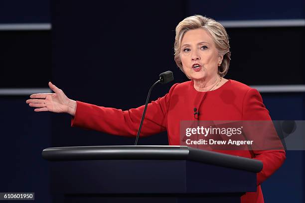 Democratic presidential nominee Hillary Clinton speaks during the Presidential Debate at Hofstra University on September 26, 2016 in Hempstead, New...