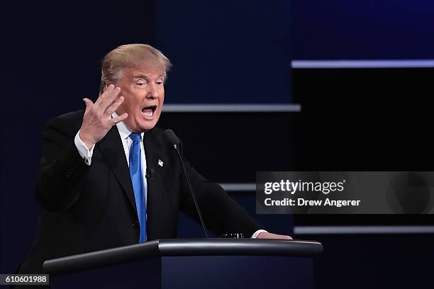 Republican presidential nominee Donald Trump speaks during the Presidential Debate at Hofstra University on September 26, 2016 in Hempstead, New...