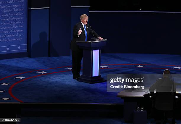 Donald Trump, 2016 Republican presidential nominee, speaks during the first U.S. Presidential debate at Hofstra University in Hempstead, New York,...