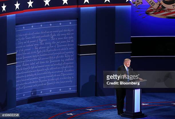 Donald Trump, 2016 Republican presidential nominee, speaks during the first U.S. Presidential debate at Hofstra University in Hempstead, New York,...