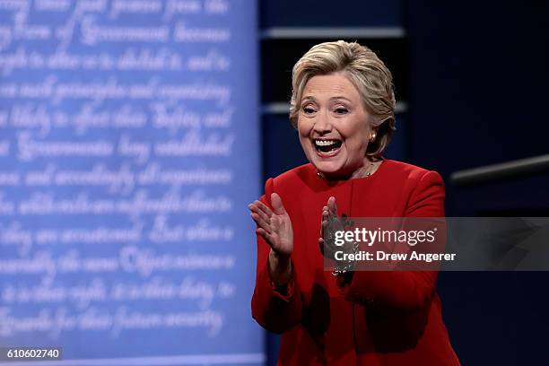Democratic presidential nominee Hillary Clinton reacts after the Presidential Debate with Republican presidential nominee Donald Trump at Hofstra...
