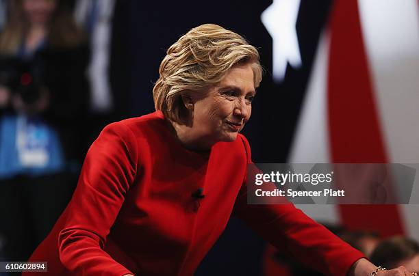 Democratic presidential nominee Hillary Clinton looks on after the Presidential Debate with Republican presidential nominee Donald Trump at Hofstra...