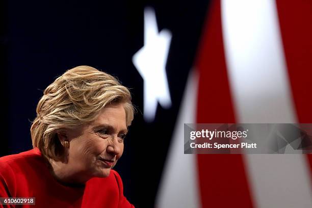 Democratic presidential nominee Hillary Clinton looks on after the Presidential Debate with Republican presidential nominee Donald Trump at Hofstra...