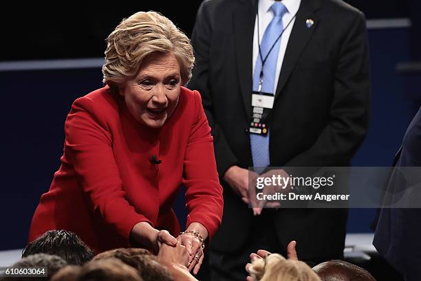 Democratic presidential nominee Hillary Clinton reacts after the Presidential Debate with Republican presidential nominee Donald Trump at Hofstra...