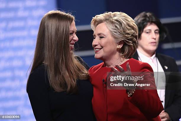 Democratic presidential nominee Hillary Clinton talks with daughter, Chelsea Clinton after the Presidential Debate with Republican presidential...