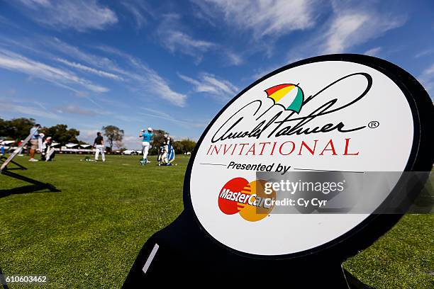 Tournament signage on display on the range during the final round of the Arnold Palmer Invitational presented by MasterCard at Bay Hill Club and...