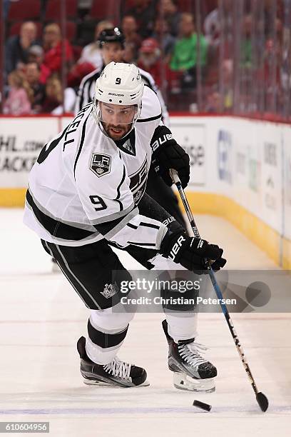 Teddy Purcell of the Los Angeles Kings skates with the puck during the second period of the preseason NHL game against the Arizona Coyotes at Gila...