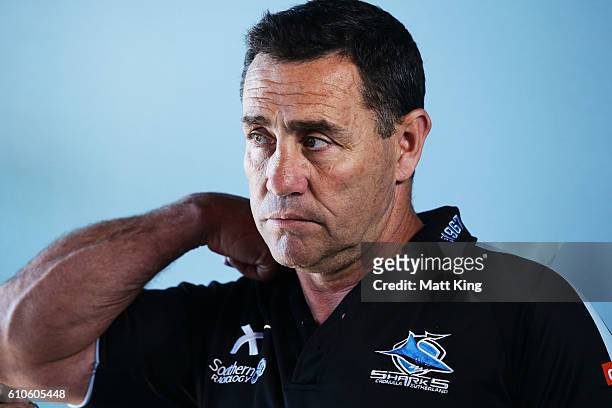 Sharks coach Shane Flanagan speaks to the media during a Cronulla Sharks NRL media session at Southern Cross Group Stadium on September 27, 2016 in...