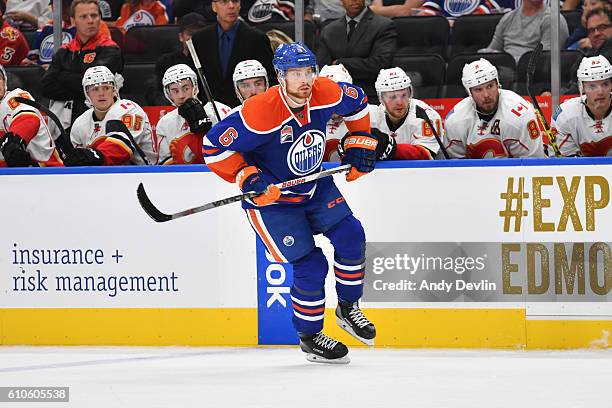 Adam Larson of the Edmonton Oilers skates during a preseason game against the Calgary Flames on September 26, 2016 at Rogers Place in Edmonton,...