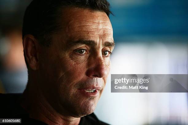 Sharks coach Shane Flanagan speaks to the media during a Cronulla Sharks NRL media session at Southern Cross Group Stadium on September 27, 2016 in...