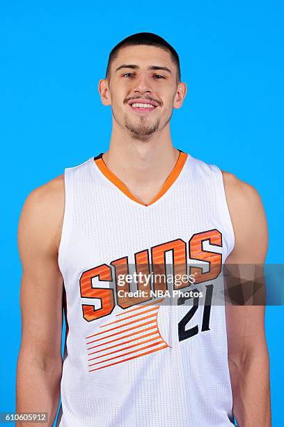 Alex Len of the Phoenix Suns poses for a headshot during the 2016-2017 Phoenix Suns Media Day on September 26 at Talking Stick Resort Arena in...