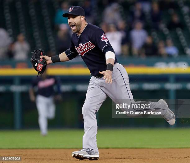 Jason Kipnis of the Cleveland Indians celebrates after the Indians clinched the Central Division Championship in a 7-4 win over the Detroit Tigers at...