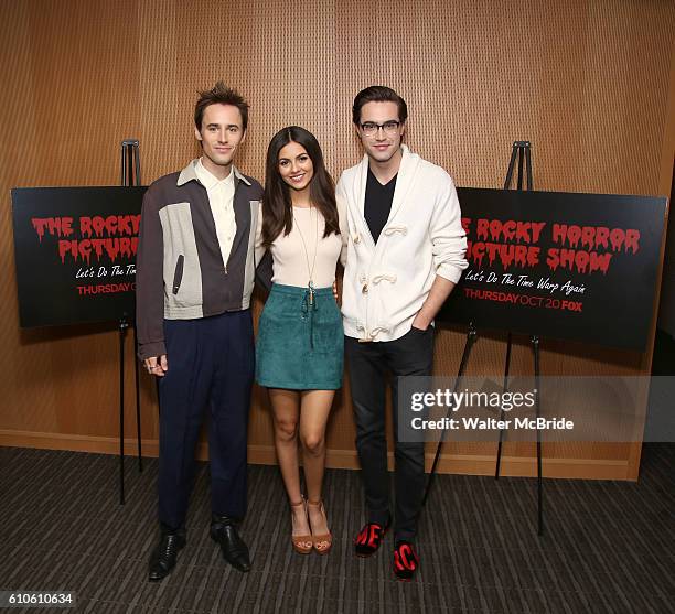 Reeve Carney, Victoria Justice and Ryan McCartan attend the The Rocky Horror Picture Show: Let's do the Time Warp Again - Press Junket at Fox on...
