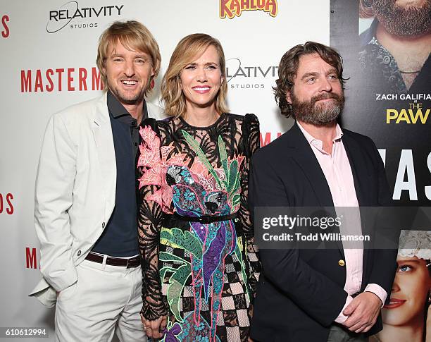 Owen Wilson, Kristen Wiig and Zach Galifianakis attend the Premiere Of Relativity Media's "Masterminds" at TCL Chinese Theatre on September 26, 2016...