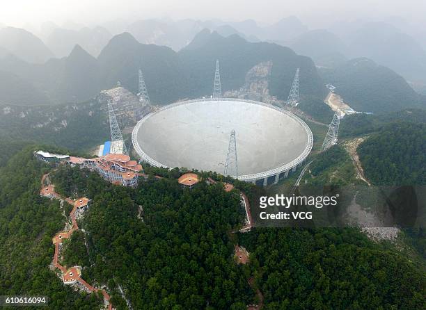 Aerial view of the Five-hundred-meter Aperture Spherical radio Telescope in operation on September 25, 2016 in Qiannan Buyei and Miao Autonomous...