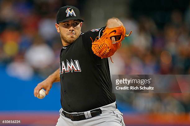 Pitcher Jose Fernandez of the Miami Marlins in action against the New York Mets during a game at Citi Field on August 29, 2016 in the Flushing...