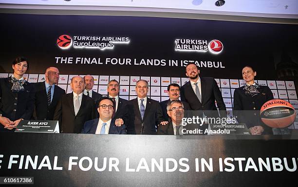 Turkish Youth and Sports Minister Akif Cagatay Kilic , Euroleague Basketball Company President Jordi Bertomeu and Turkish Airlines Chairman of the...