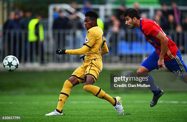 Reo Griffiths of Tottenham Hotspur FC scores the opening goal during the UEFA Champions League Youth match between PFC CSKA Moskva and Tottenham...