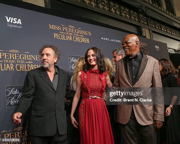 Director Tim Burton, actress Eva Green and actor Samuel L. Jackson attend the "Miss Peregrine's Home for Peculiar Children" New York premiere held at...