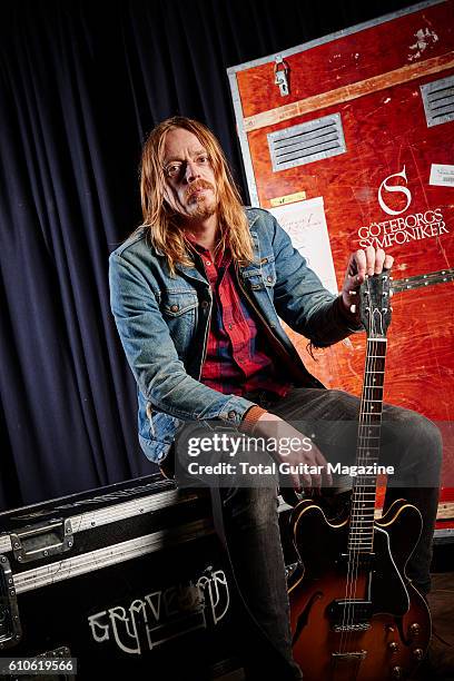 Portrait of Swedish musician Joakim Nilsson, guitarist and vocalist with hard rock group Graveyard, photographed before a live performance at...