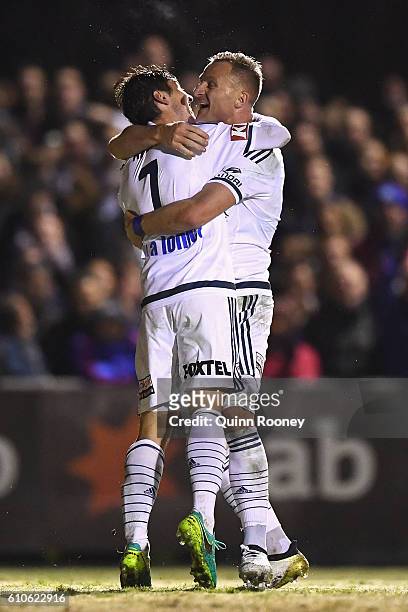 Marco Rojas of the Victory is congratulated by Besart Berisha after scoring a goal during the FFA Cup match between Bentleigh Greens and Melbourne...