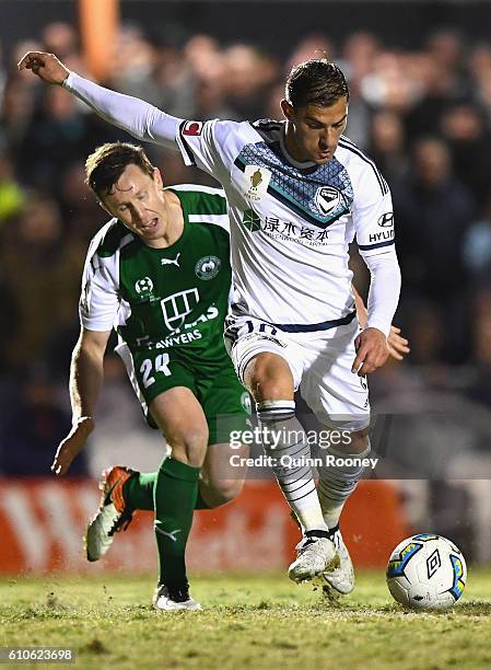 James Troisi of the Victry kicks for goal during the FFA Cup match between Bentleigh Greens and Melbourne Victory at Kingston Heath Soccer Complex on...