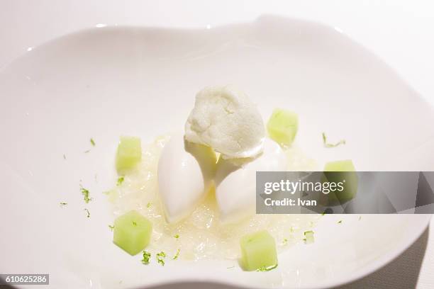 luxury molecular cuisine, lemon ice cream with gin tonic smoothies and melon jelly - molecular gastronomy stock-fotos und bilder