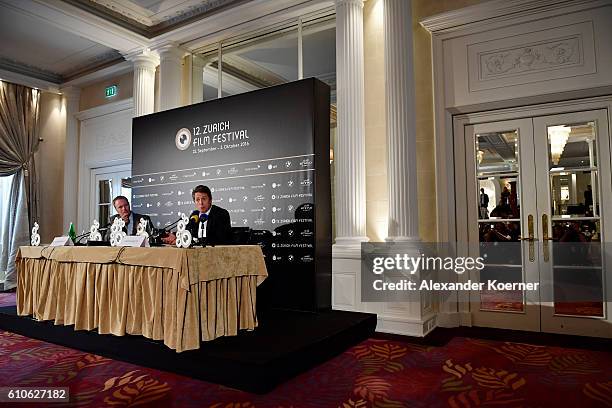 Hugh Grant and Scott Roxborough attend the 'Florence Foster Jenkins' press conference during the 12th Zurich Film Festival on September 27, 2016 in...