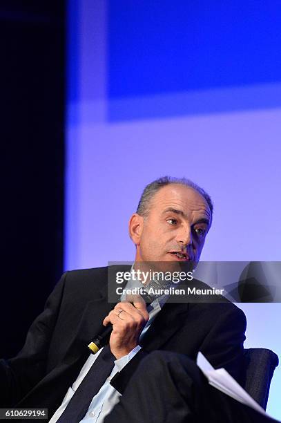 Jean-Francois Cope addresses the voters during the Right-wing Opposition Party 'Les Republicains' primary elections meeting on September 27, 2016 in...