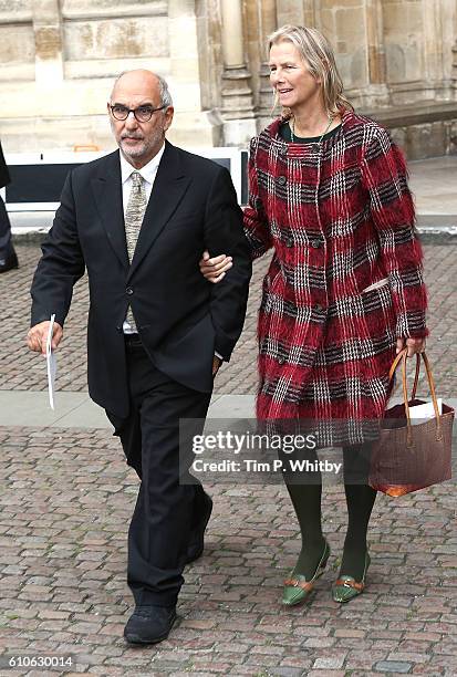 Alan Yentob and Phillipa Walker depart after attending a memorial service for the late Sir Terry Wogan at Westminster Abbey on September 27, 2016 in...