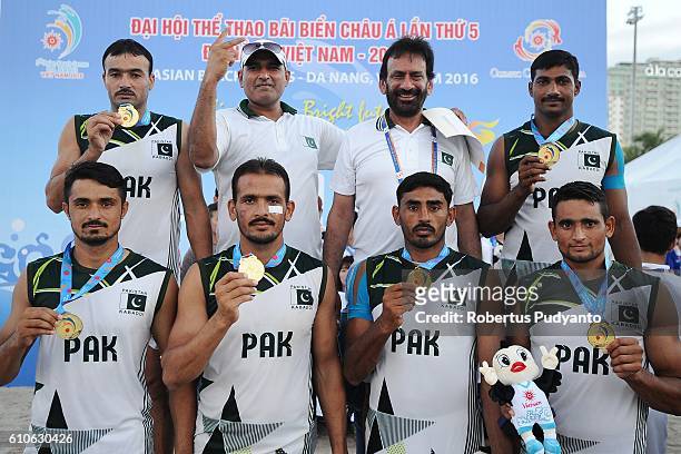 Gold medalist Beach Kabaddi Men's Pakistan team celebrate on the podium after winning final match against India on day four of the 5th Asian Beach...