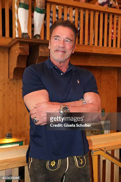 Arnold Schwarzenegger visits the Schuetzen Festzelt during the Oktoberfest at Theresienwiese on September 27, 2016 in Munich, Germany.