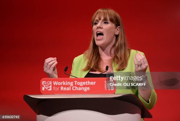 British Shadow Education Secretary, Angela Rayner speaks on the third day of annual Labour Party conference in Liverpool, north west England on...
