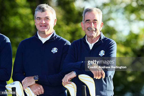 Vice-captains Paul Lawrie and Sam Torrance of Europe pose during team photocalls prior to the 2016 Ryder Cup at Hazeltine National Golf Club on...