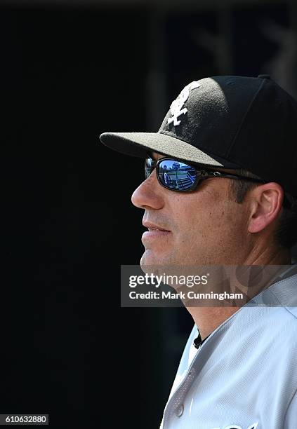 Manager Robin Ventura of the Chicago White Sox looks on from the dugout during the game against the Detroit Tigers at Comerica Park on August 4, 2016...