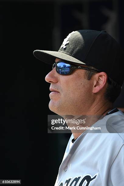 Manager Robin Ventura of the Chicago White Sox looks on from the dugout during the game against the Detroit Tigers at Comerica Park on August 4, 2016...