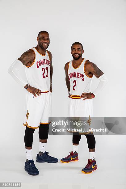 LeBron James and Kyrie Irving of the Cleveland Cavaliers poses for a portrait during 2016-2017 Cleveland Cavaliers Media Day at the Cleveland Clinic...