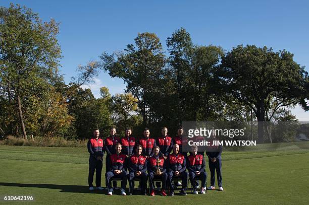 Team poses for pictures at Hazeltine National Golf Course in Chaska, Minnesota, September 27 ahead of the 41st Ryder Cup. Ryan Moore, Zach Johnson,...